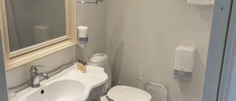 A bathroom with a white sink, a toilet, and a mirror with a decorative frame. There are two towel racks and a soap dispenser on the wall.