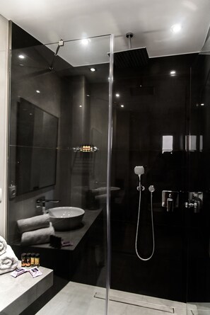 Shower, free toiletries, hair dryer, towels