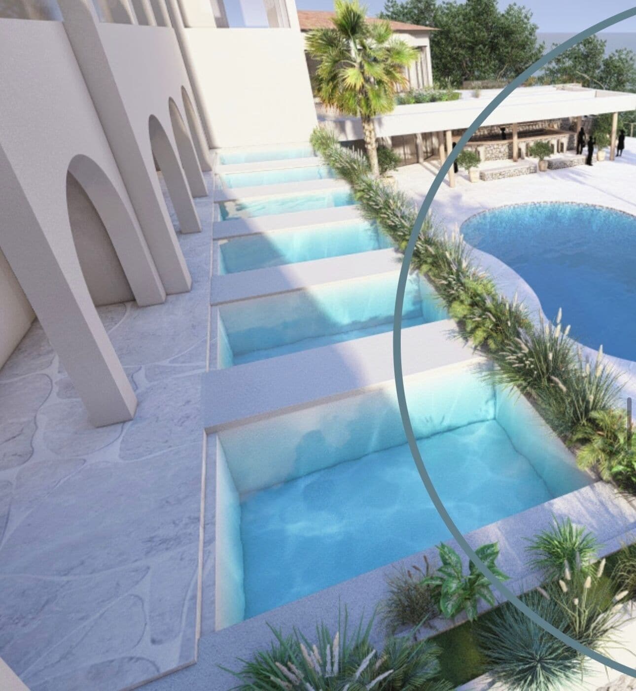 A pool area with multiple levels of steps leading into the water, surrounded by white walls and greenery.
