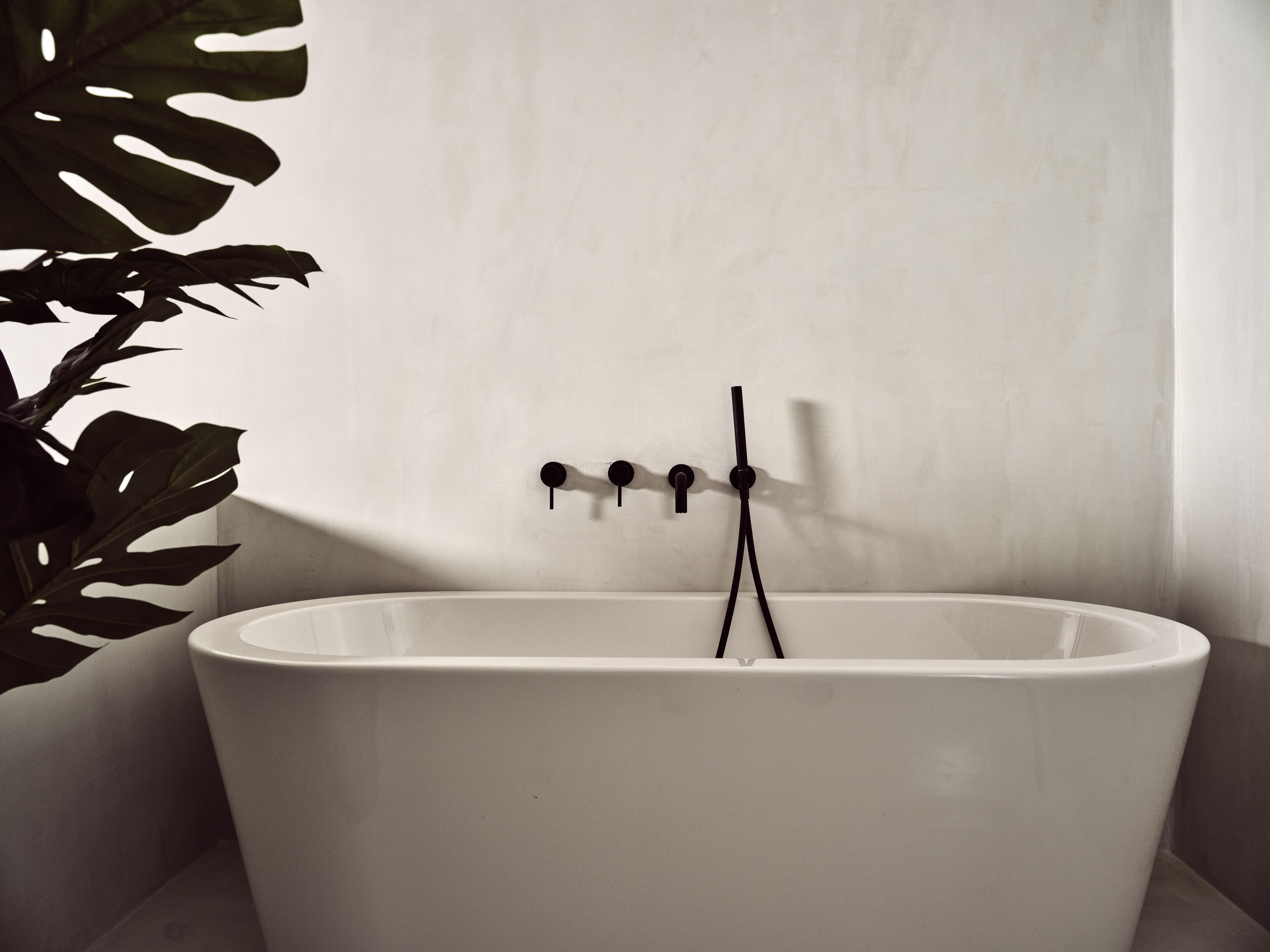 Eine Badewanne mit einem Wasserhahn und einer Duschbrause, vor einer schlichten Wand. Ein Schatten wird von einer Pflanze geworfen.