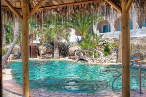 Seasonal outdoor pool, pool umbrellas, sun loungers