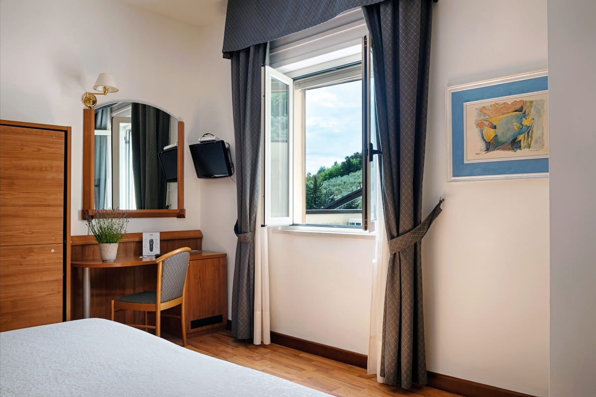A hotel room with a bed, a desk with a chair, a mirror, a window with curtains, a framed picture on the wall, and a potted plant.