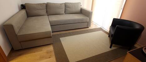 A living room with a sofa, a chair, and a rug.