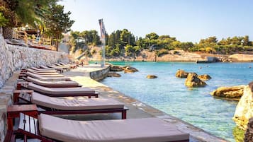 On the beach, sun-loungers, beach umbrellas, beach towels