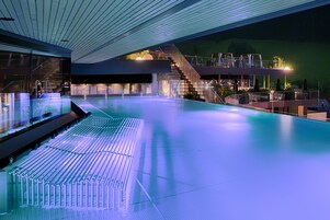Indoor pool, outdoor pool, sun loungers