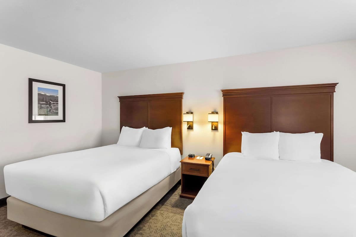 A hotel room with two beds, a nightstand with a lamp, and a framed picture on the wall.