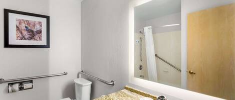 Een badkamer met toilet, wastafel en douche. Er zijn handgrepen en een lijst met een foto aan de muur.