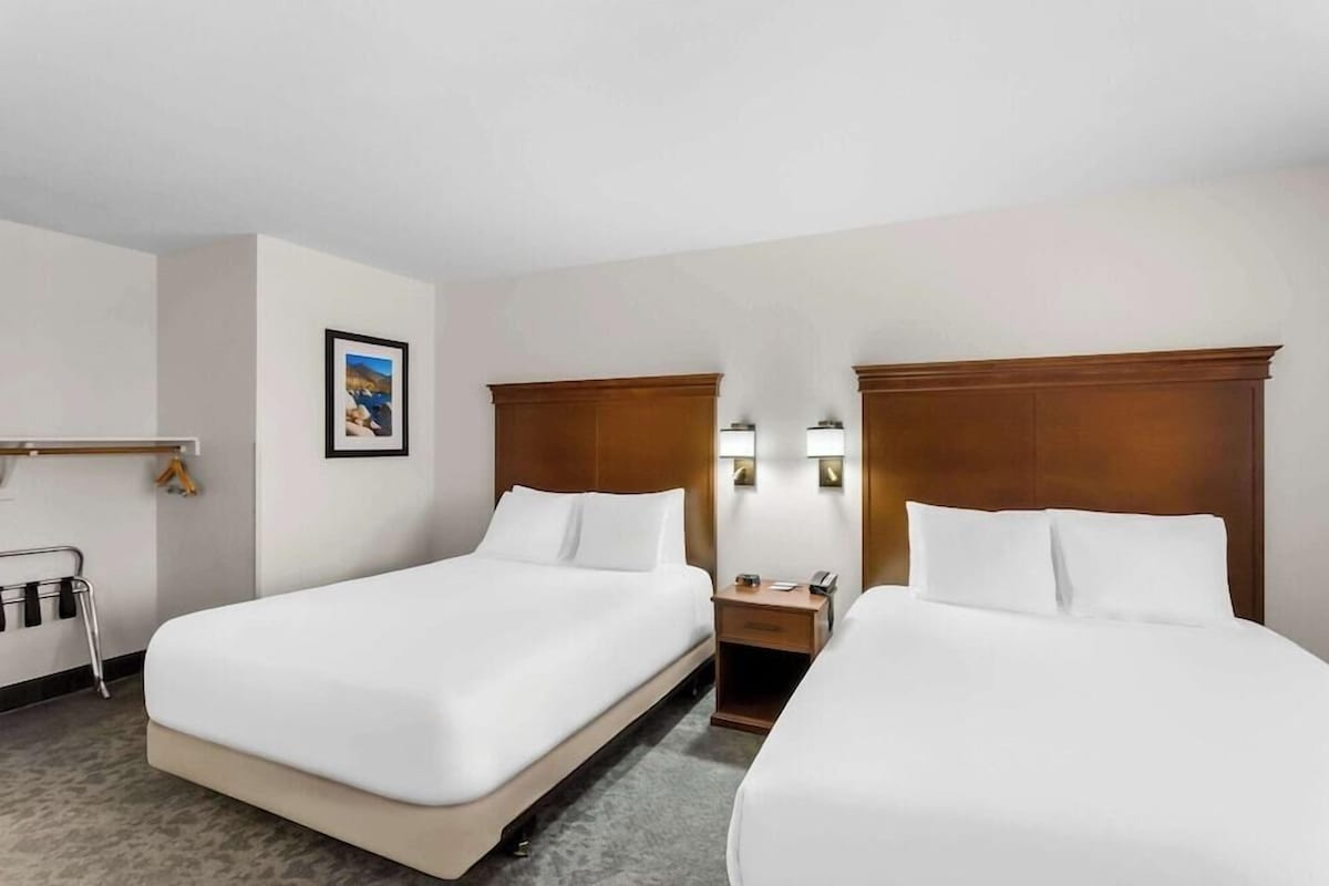A hotel room with two single beds, a nightstand with a lamp, a framed picture on the wall, and a coat rack.