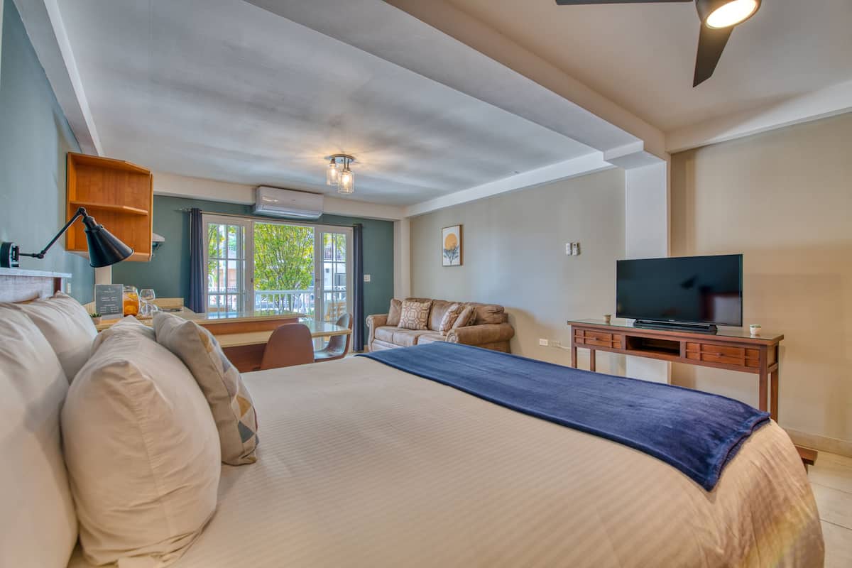 A hotel room with a large bed, a TV on a wooden stand, a sofa, a desk, and a window with a view of greenery.