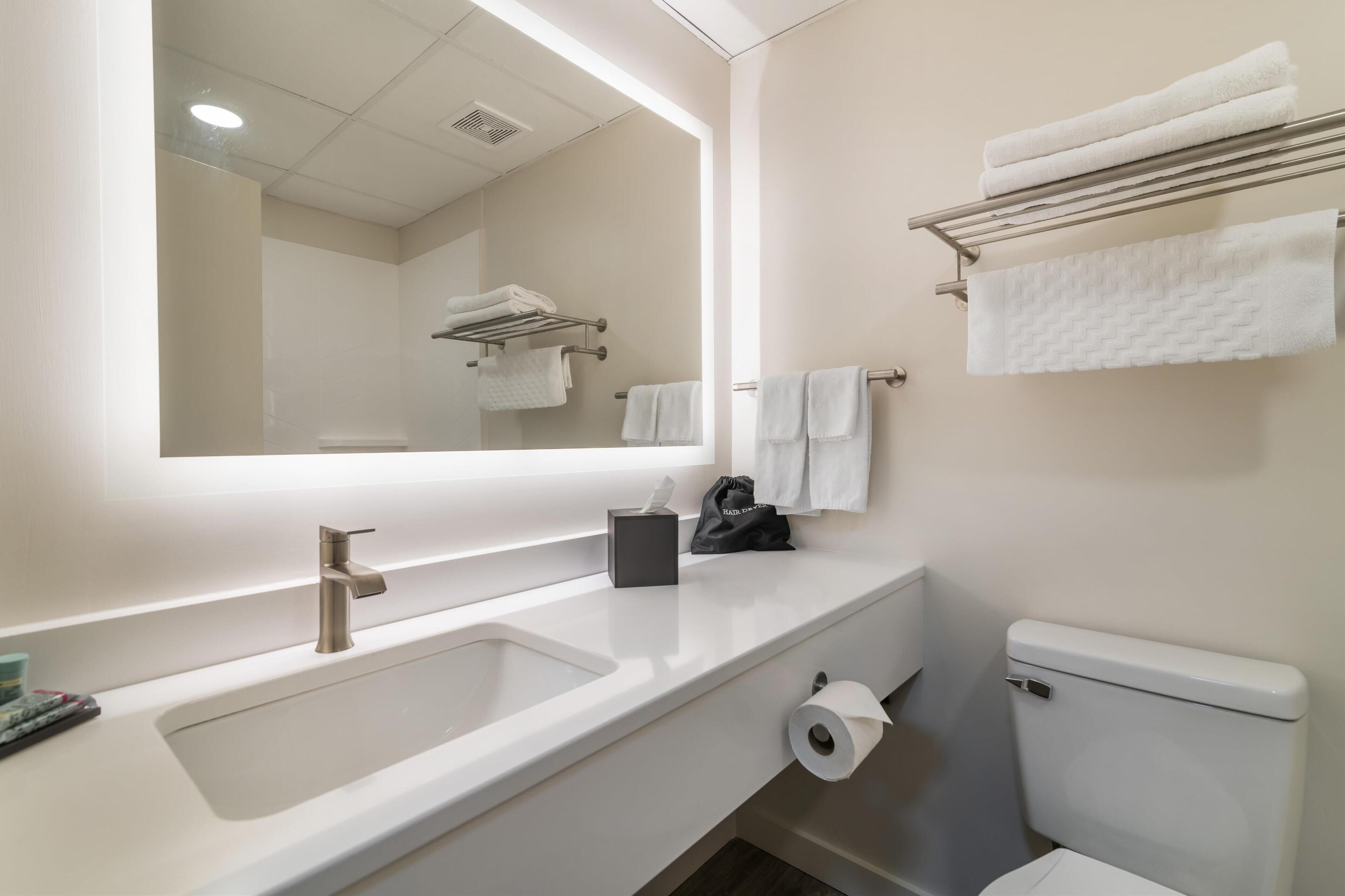 Un baño moderno con un espejo grande, un lavabo, un inodoro y un perchero para toallas.