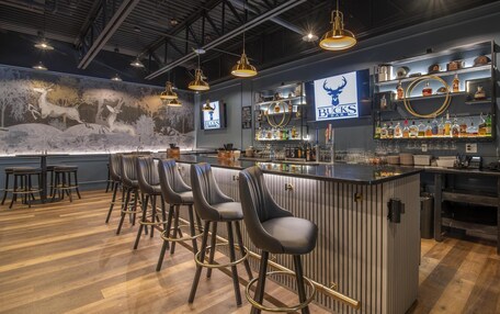 A bar area with a counter, stools, and a mural of deer.