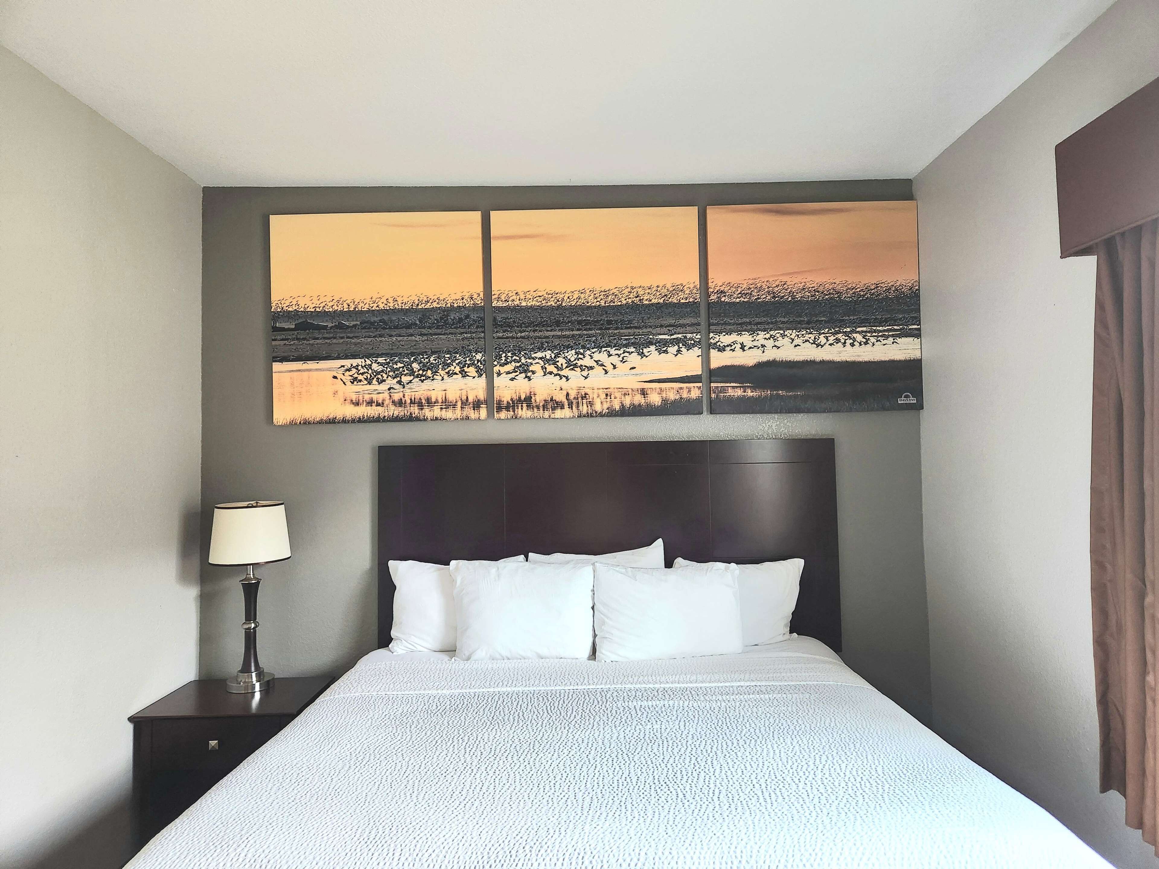 Una camera d'albergo con un letto grande, un comodino con una lampada e un'opera d'arte a parete raffigurante un tramonto sull'acqua.