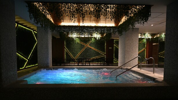 Un espace de bien-être comprenant un jacuzzi, des motifs géométriques sur les murs et des plantes suspendues.