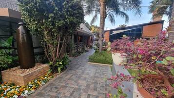 A pathway leading to a building with a modern design, surrounded by lush greenery and flowering plants.