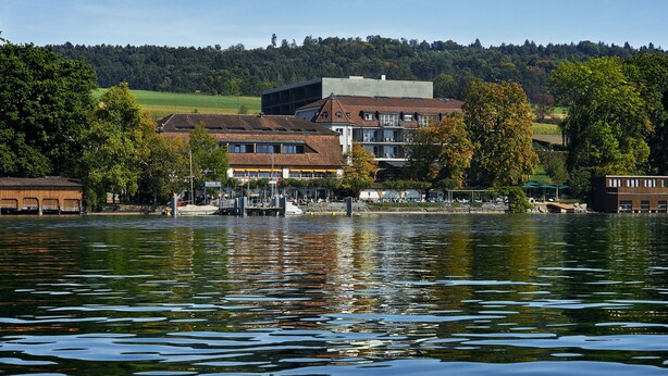 A lakeside view with buildings, a dock, and a forested hill in the background. - Seerose Resort & Spa (Meisterschwanden)
