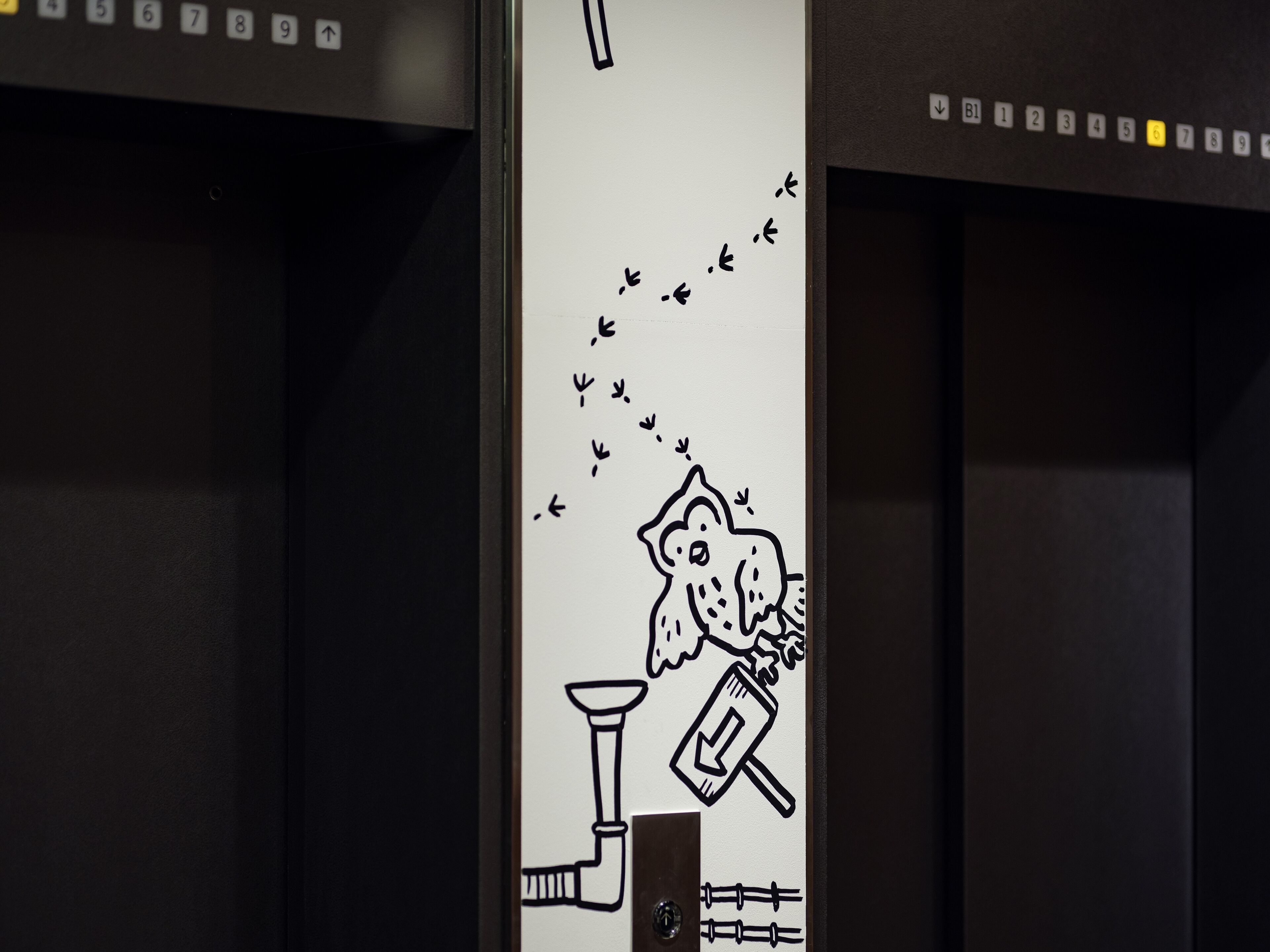 A wall with a black and white drawing of a cat, birds, and a pipe.