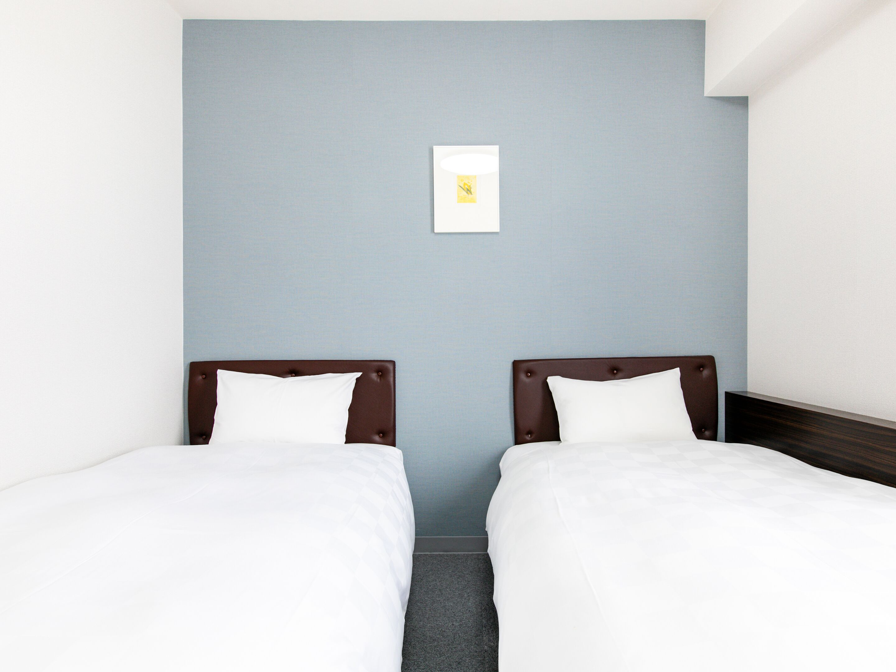 Habitación de hotel con dos camas individuales, una pared azul claro y un pequeño cuadro enmarcado sobre las camas.