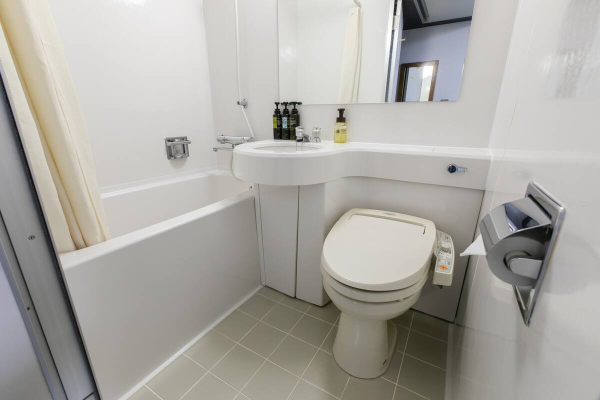 Suihkun ja ammeen yhdistelmä, ilmaiset hygieniatuotteet, hiustenkuivaaja