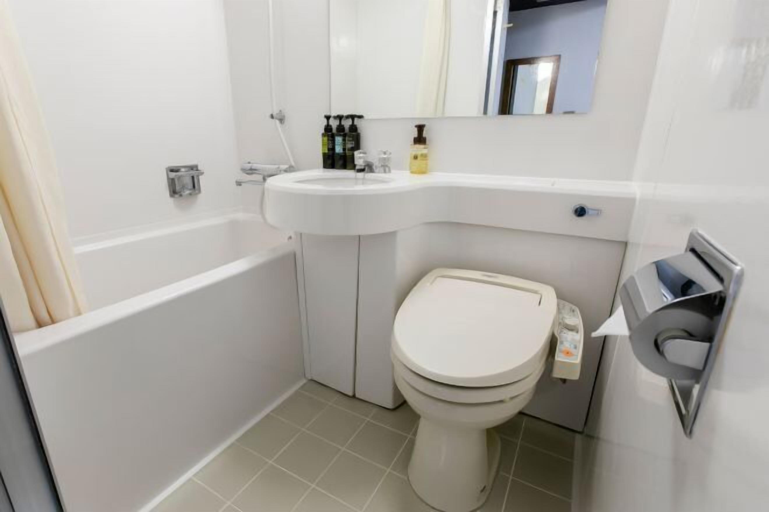 Combined shower/tub, free toiletries, hair dryer, slippers