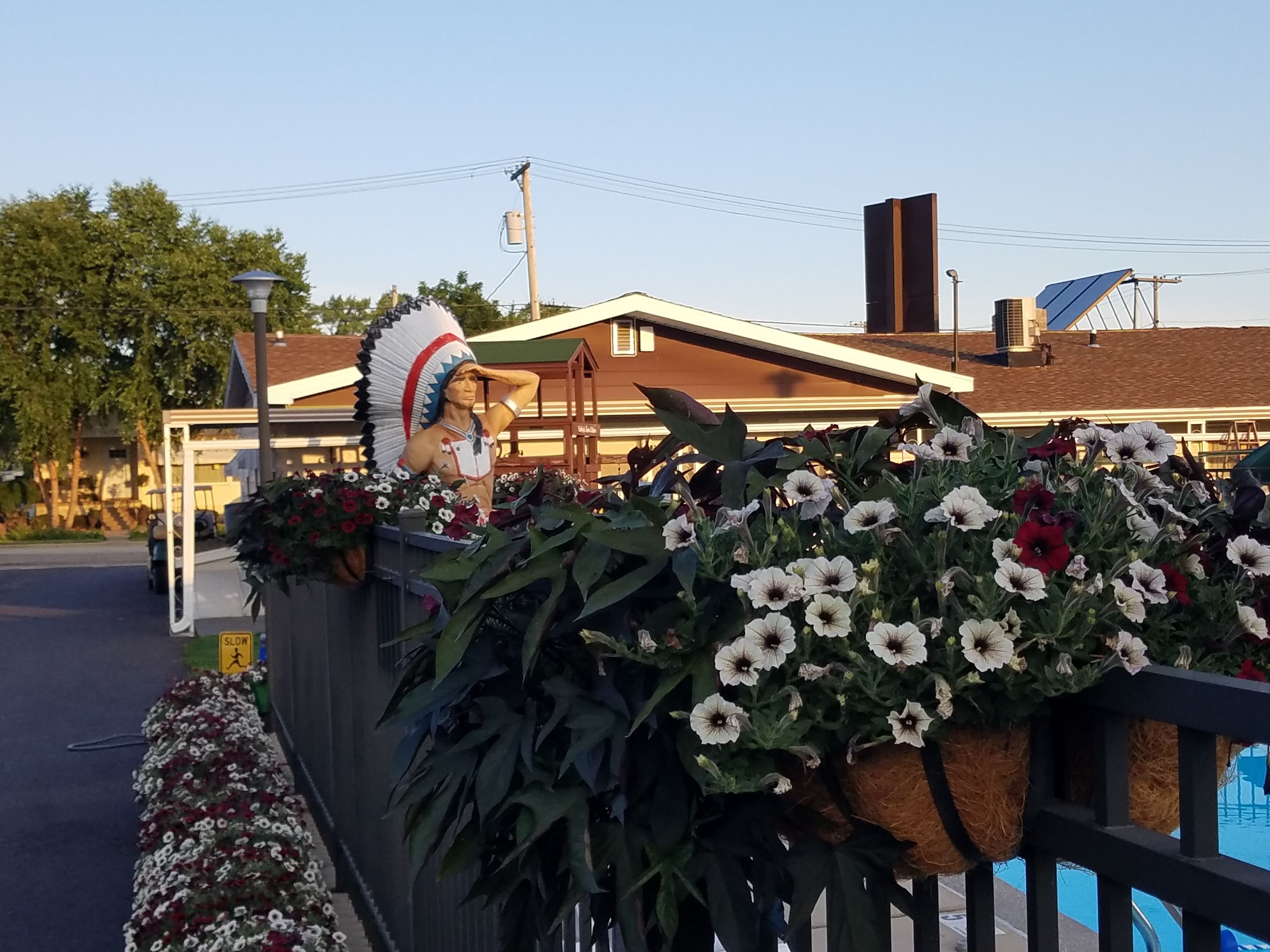 A statue of a Native American figure with a headdress, surrounded by flowers and a metal fence.