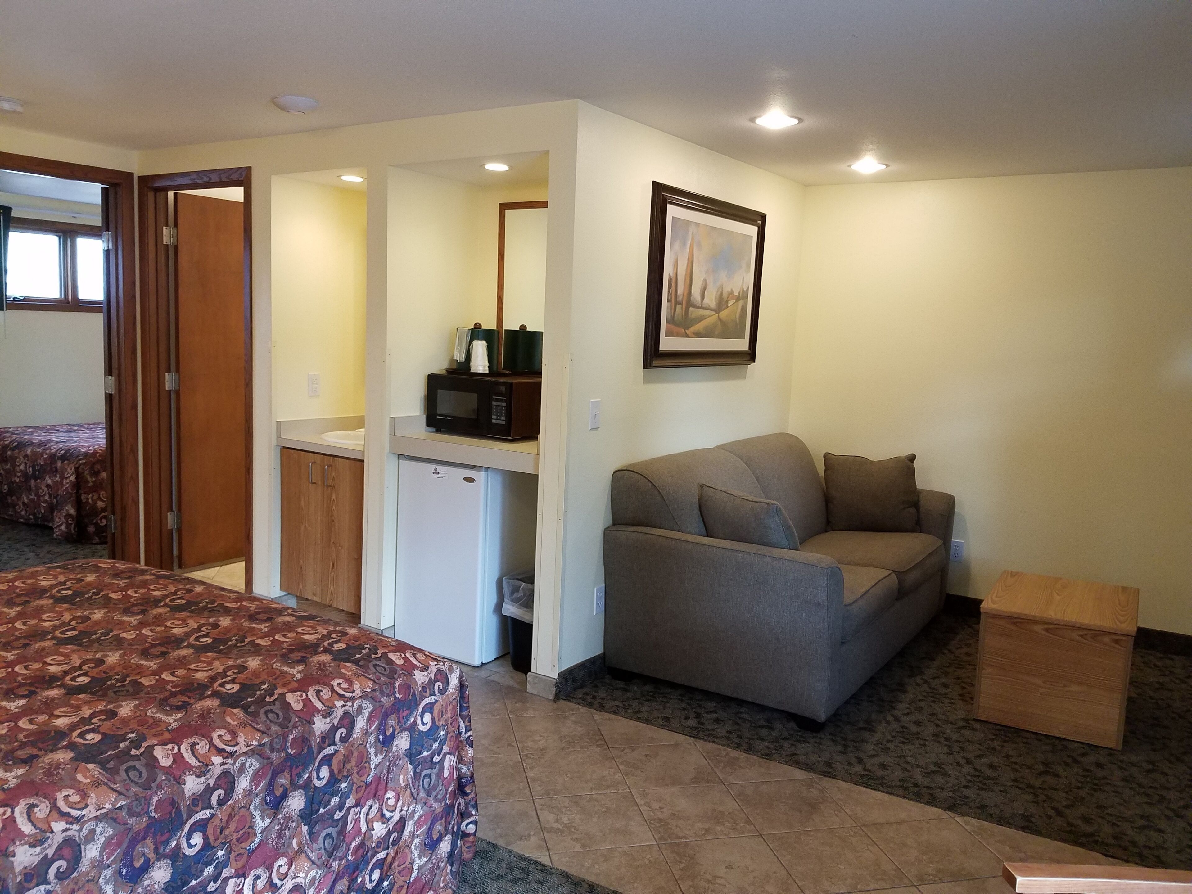 Une pièce de taille modeste comprenant un lit, un canapé, une petite kitchenette et un tableau encadré au mur.