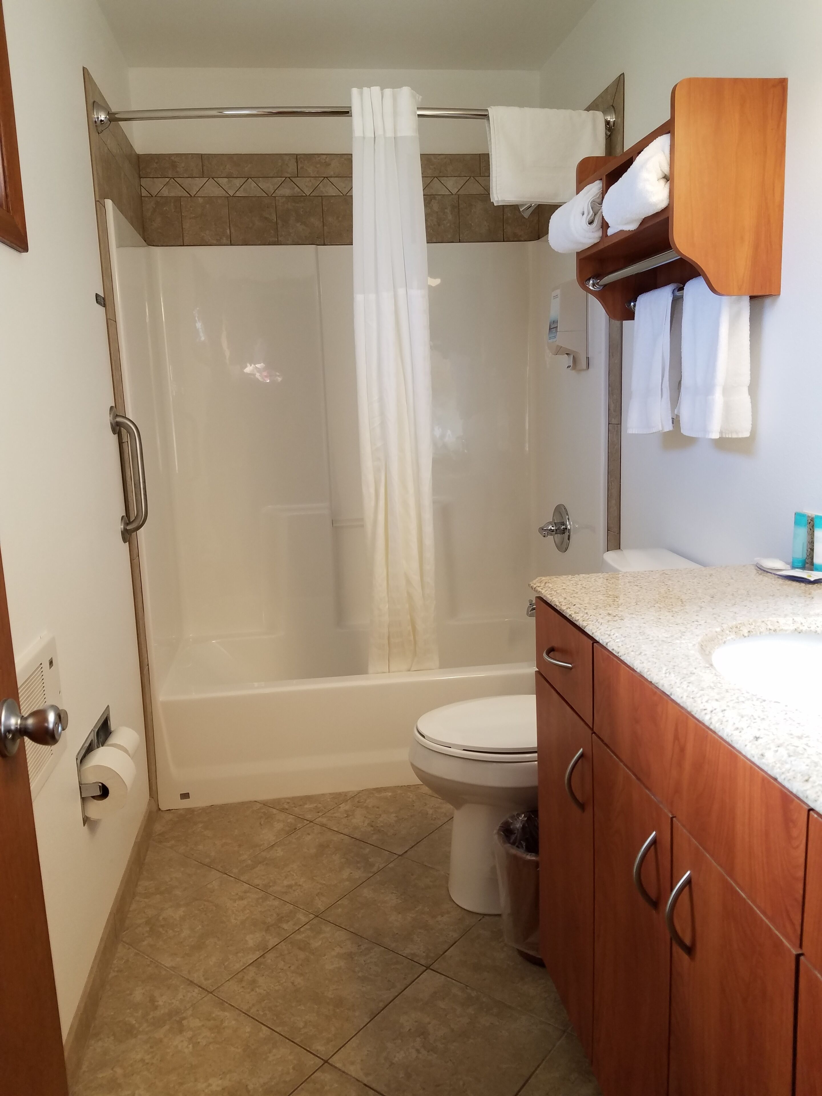 A bathroom with a shower, toilet, and vanity.