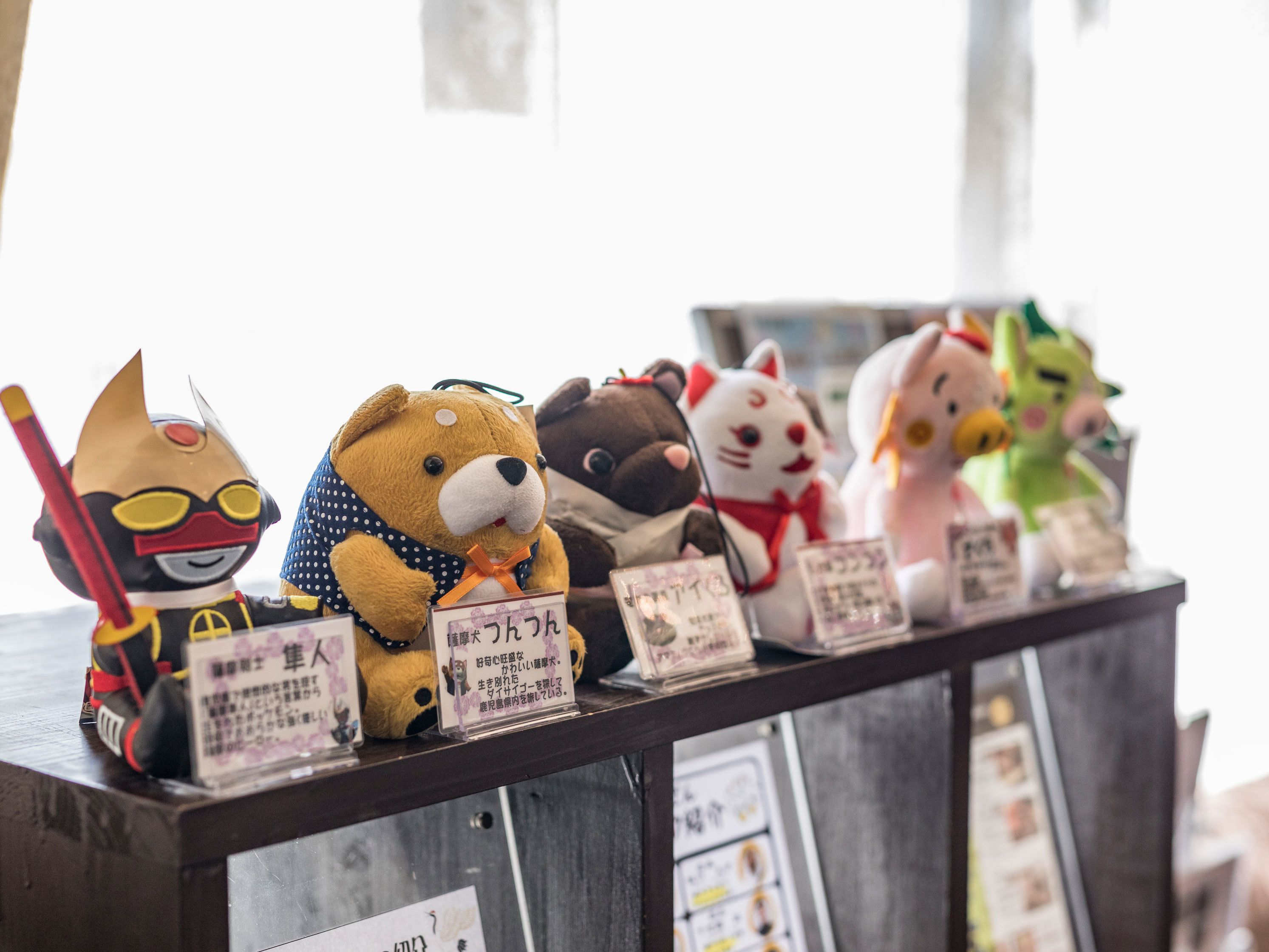 A display of various plush toys on a shelf with price tags.