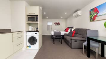 A compact living space with a kitchenette, a washing machine, a sofa, a dining table, and a bed.