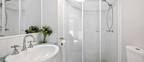 A bathroom with a white sink, a toilet, and a glass-enclosed shower stall.
