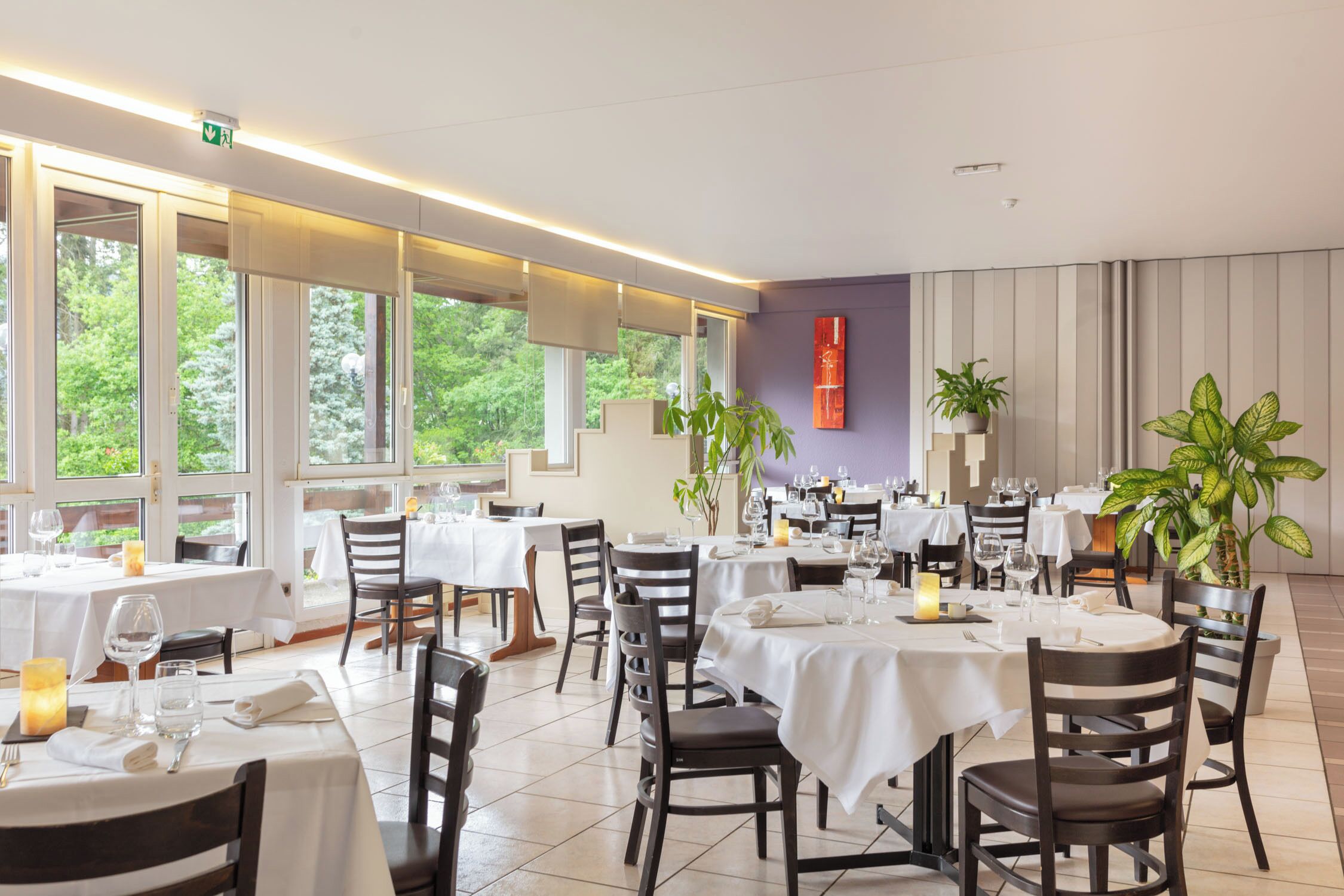 A restaurant with tables set for dining, large windows, and indoor plants.