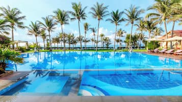 2 outdoor pools, open 7:00 AM to 8:00 PM, pool umbrellas, pool loungers