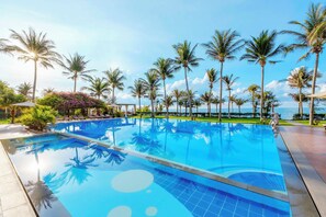 2 outdoor pools, open 7:00 AM to 8:00 PM, pool umbrellas, sun loungers