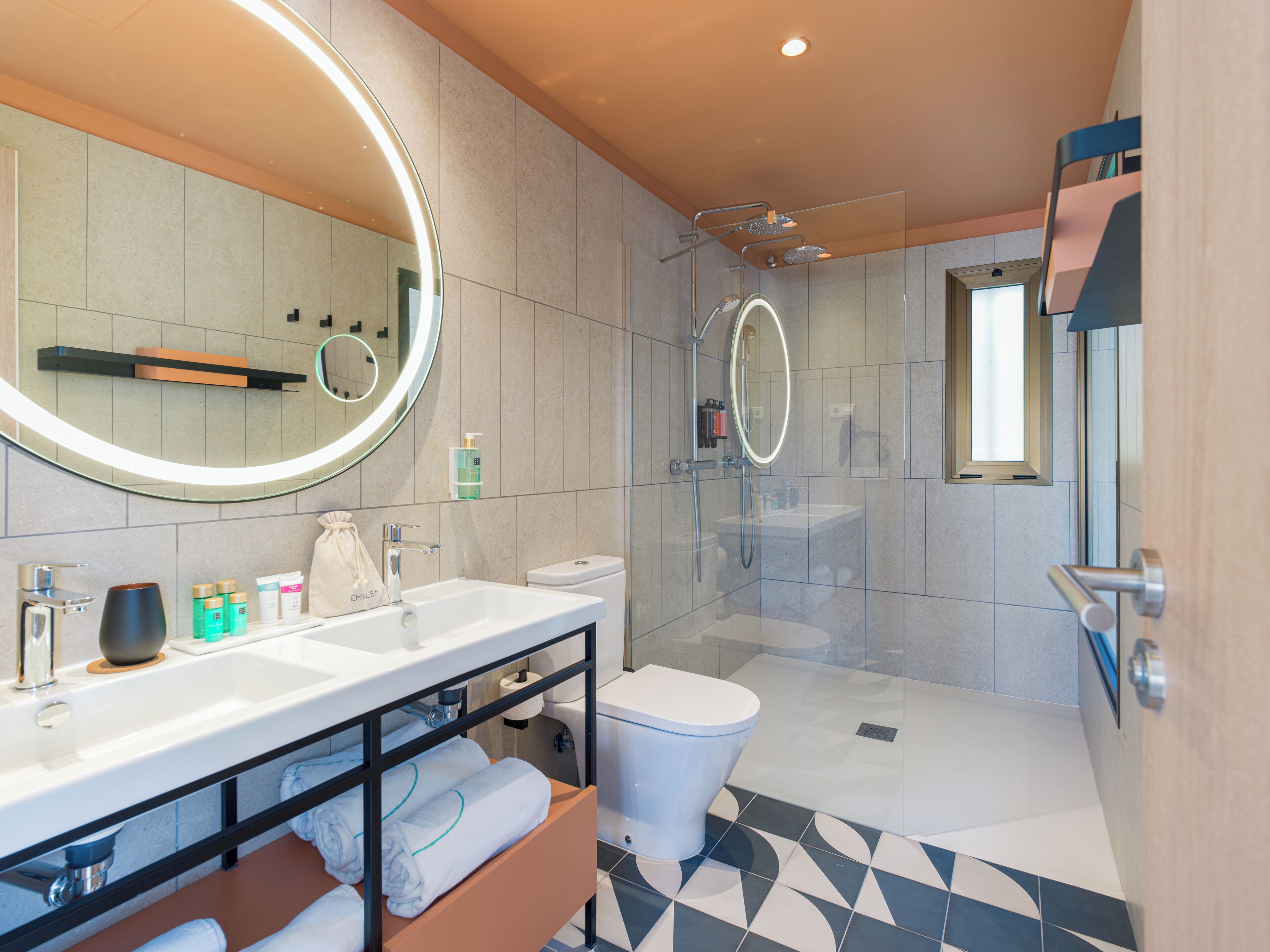 shower, rainfall showerhead, hair dryer, towels