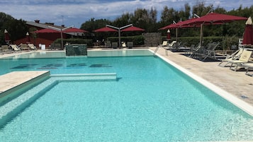 Piscine extérieure, chaises longues