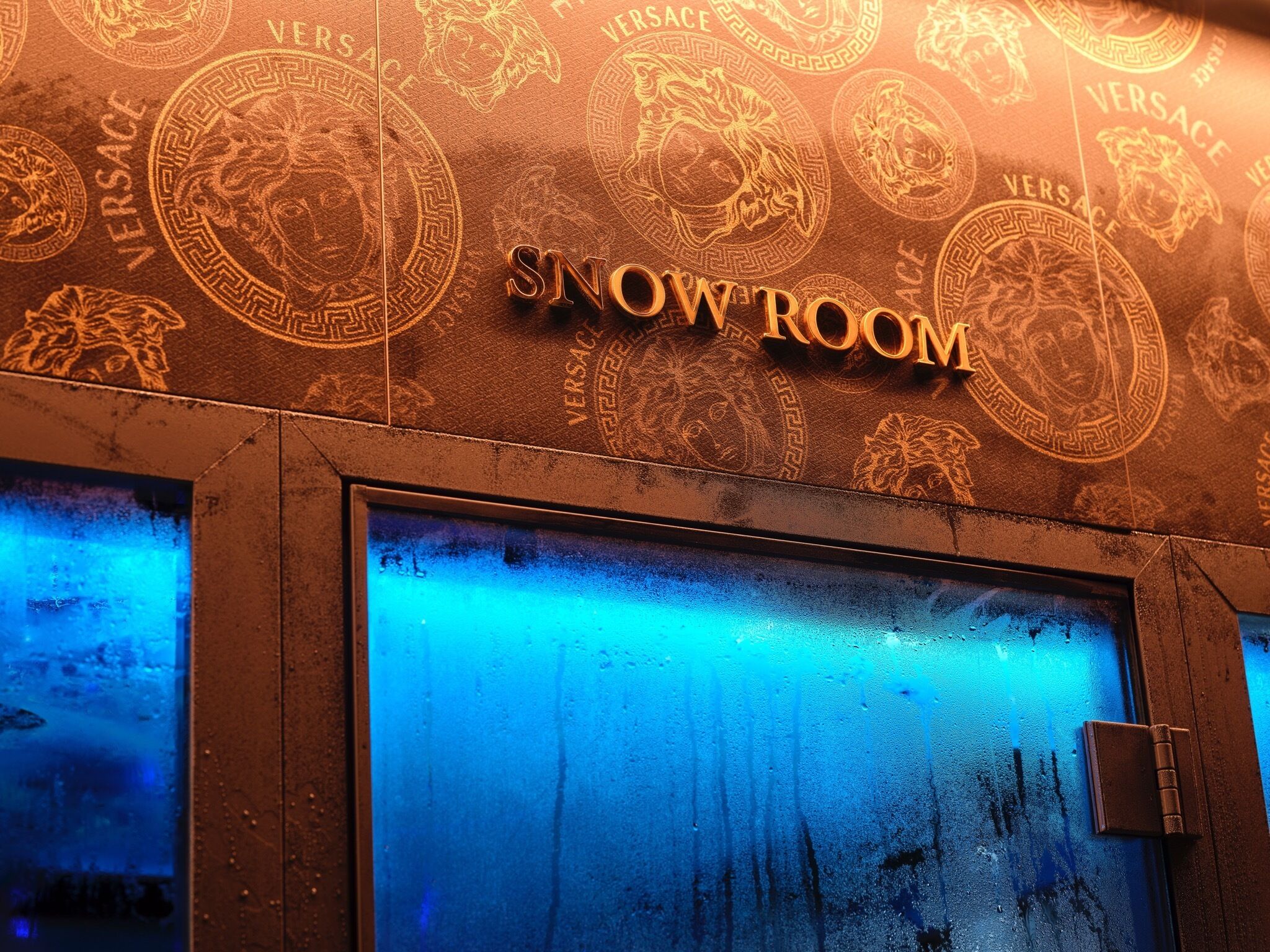 A room with a 'SNOW ROOM' sign and a large window with a blue tint.