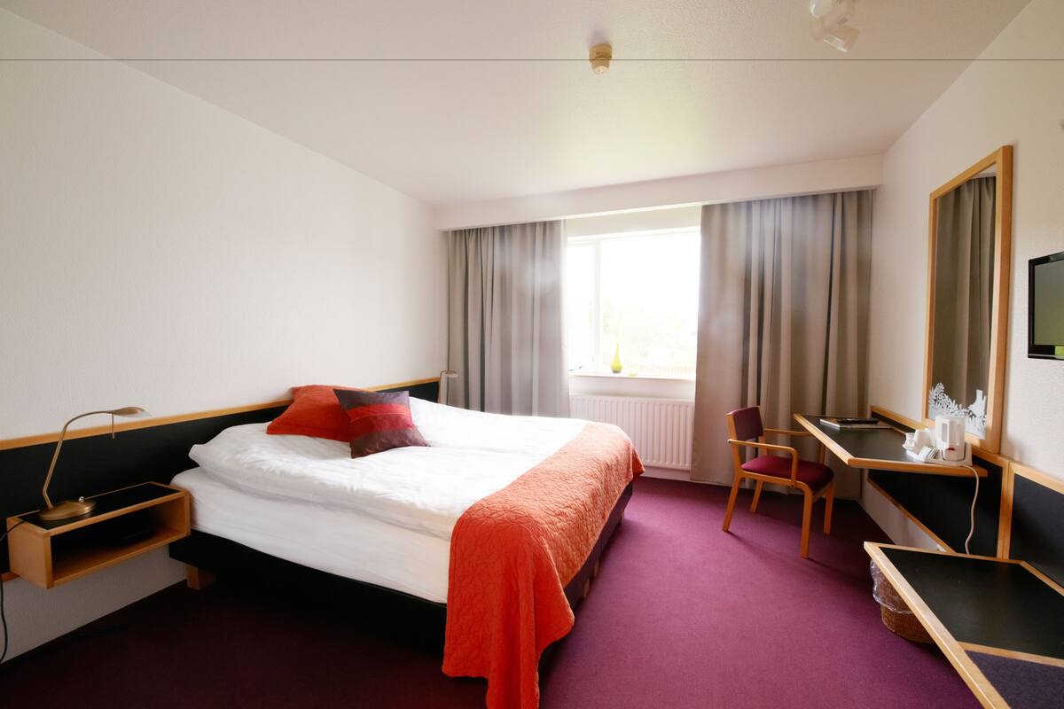 Een hotelkamer met een bed, bureau, stoel en een televisie aan de muur.