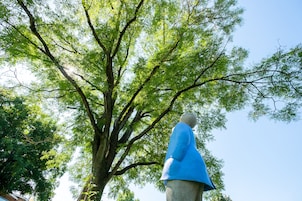 Una estatua de una persona con abrigo azul frente a un árbol grande.