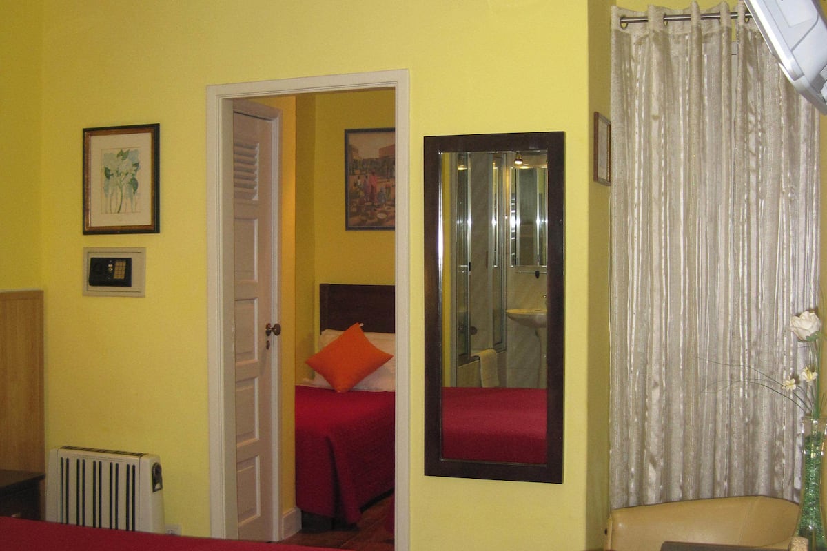 A hotel room with a bed, a desk, a chair, a radiator, and a mirror.