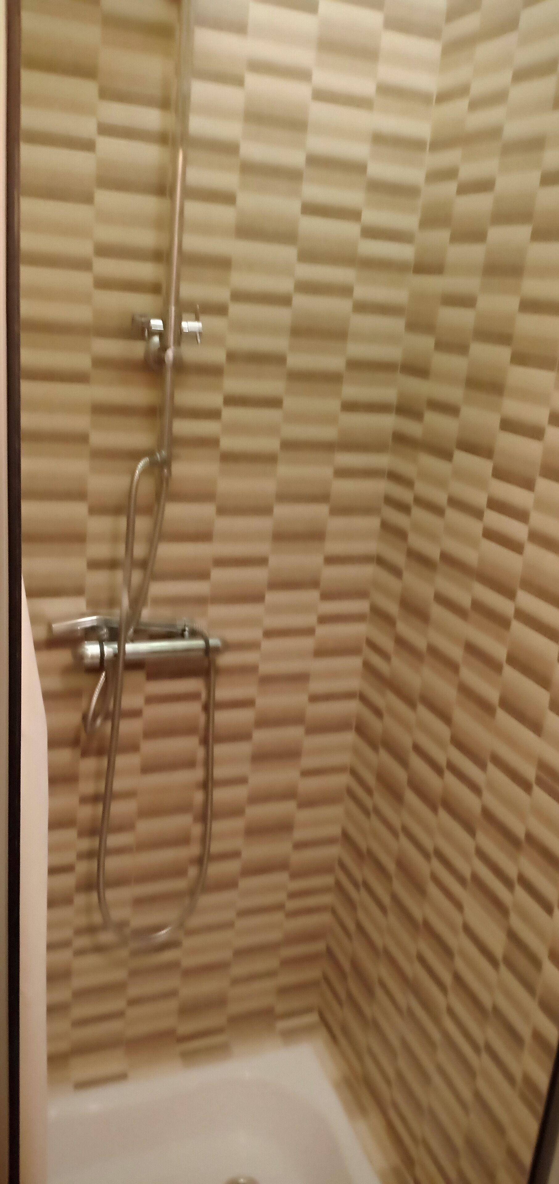 A shower area with a tiled wall and a showerhead.
