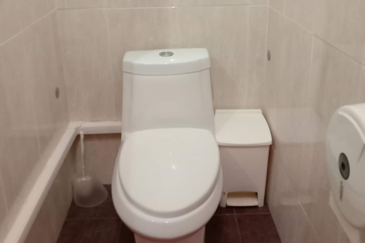 A small, modern bathroom with a white toilet, a white sink, and a red mat.