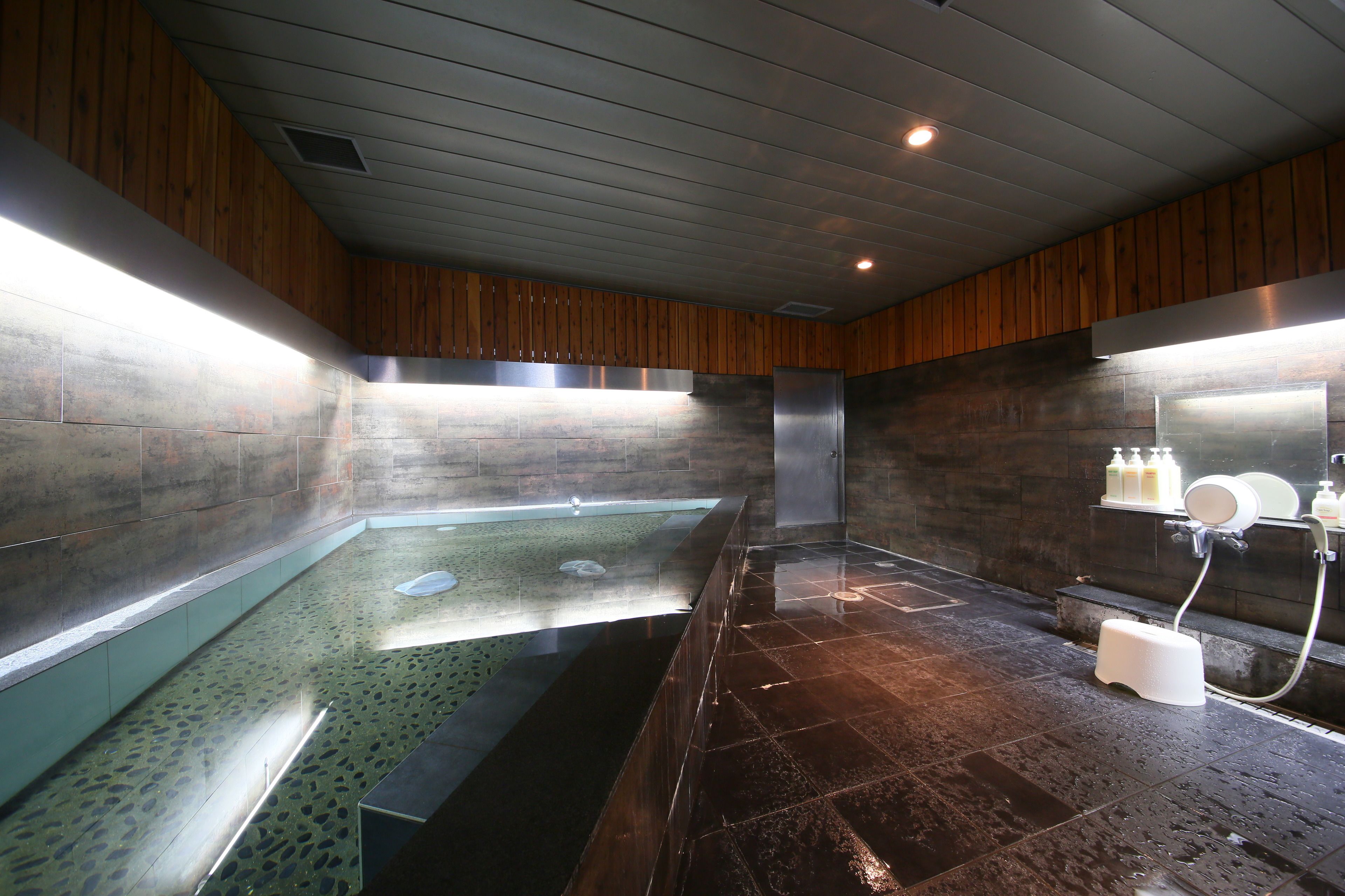 Un baño moderno con una bañera grande, zona de ducha y un inodoro.