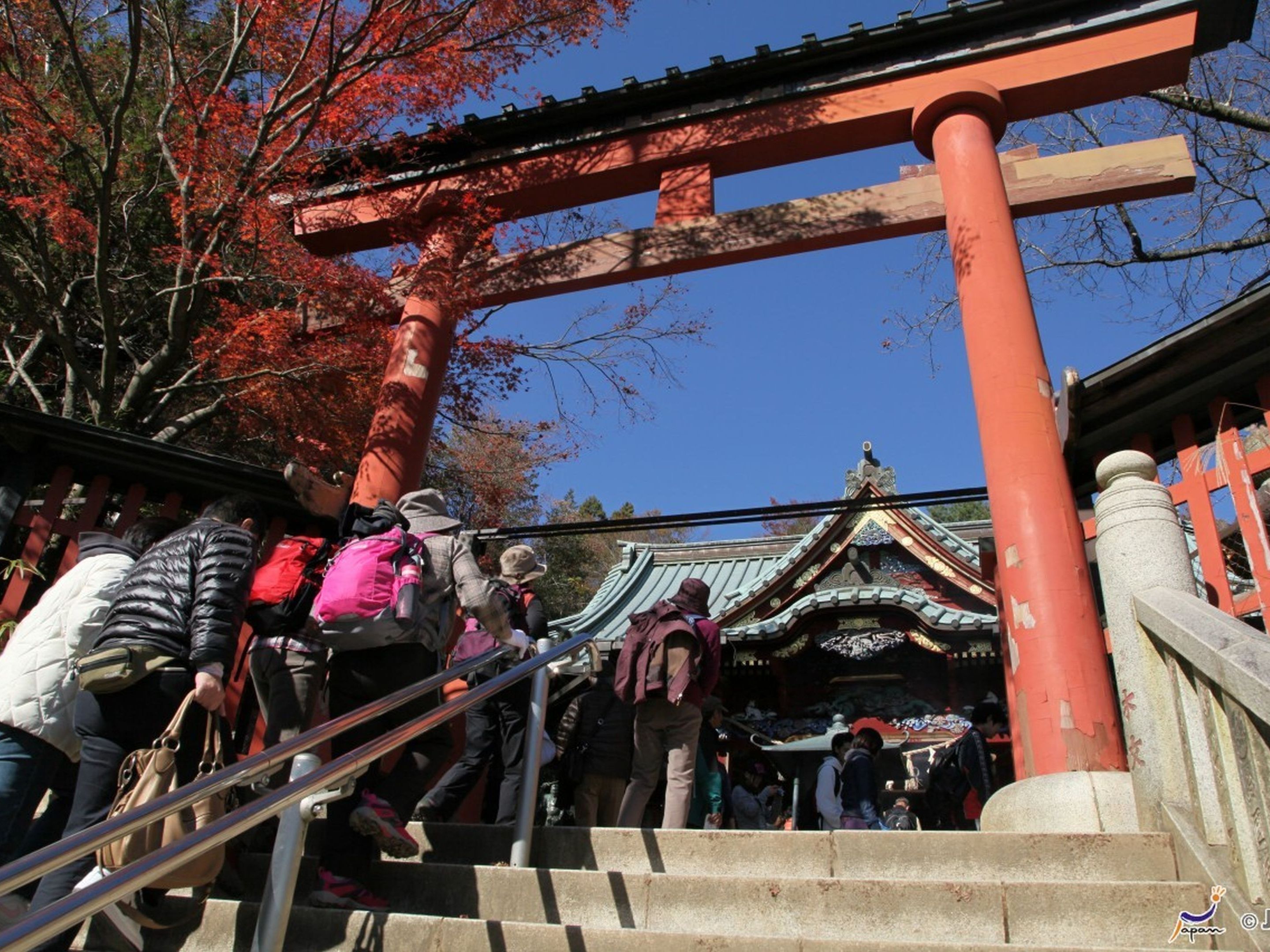 A staircase leading to a traditional Japanese torii gate with a clear blue sky in the background.