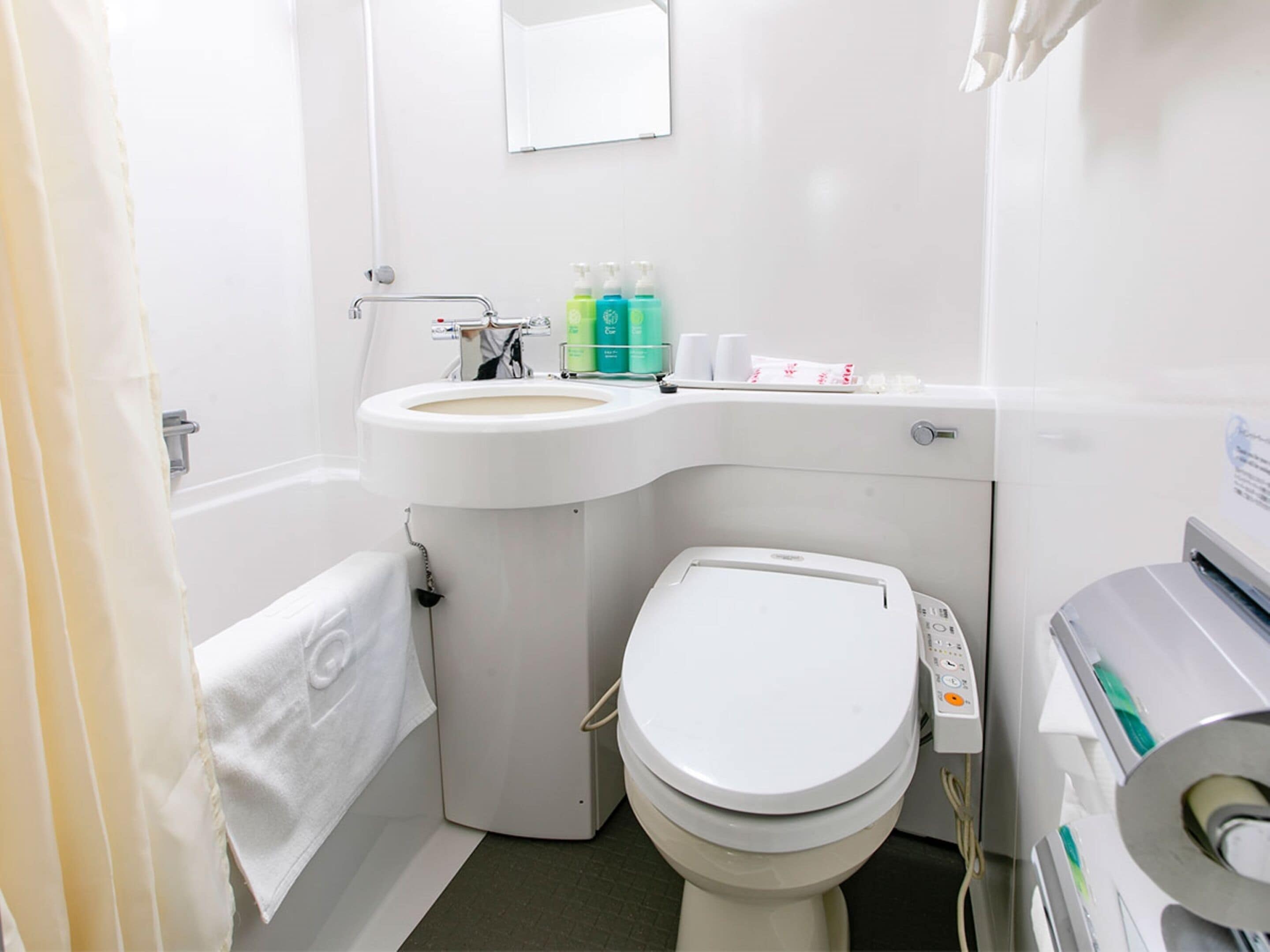 combined shower/bathtub, free toiletries, hair dryer, bathrobes