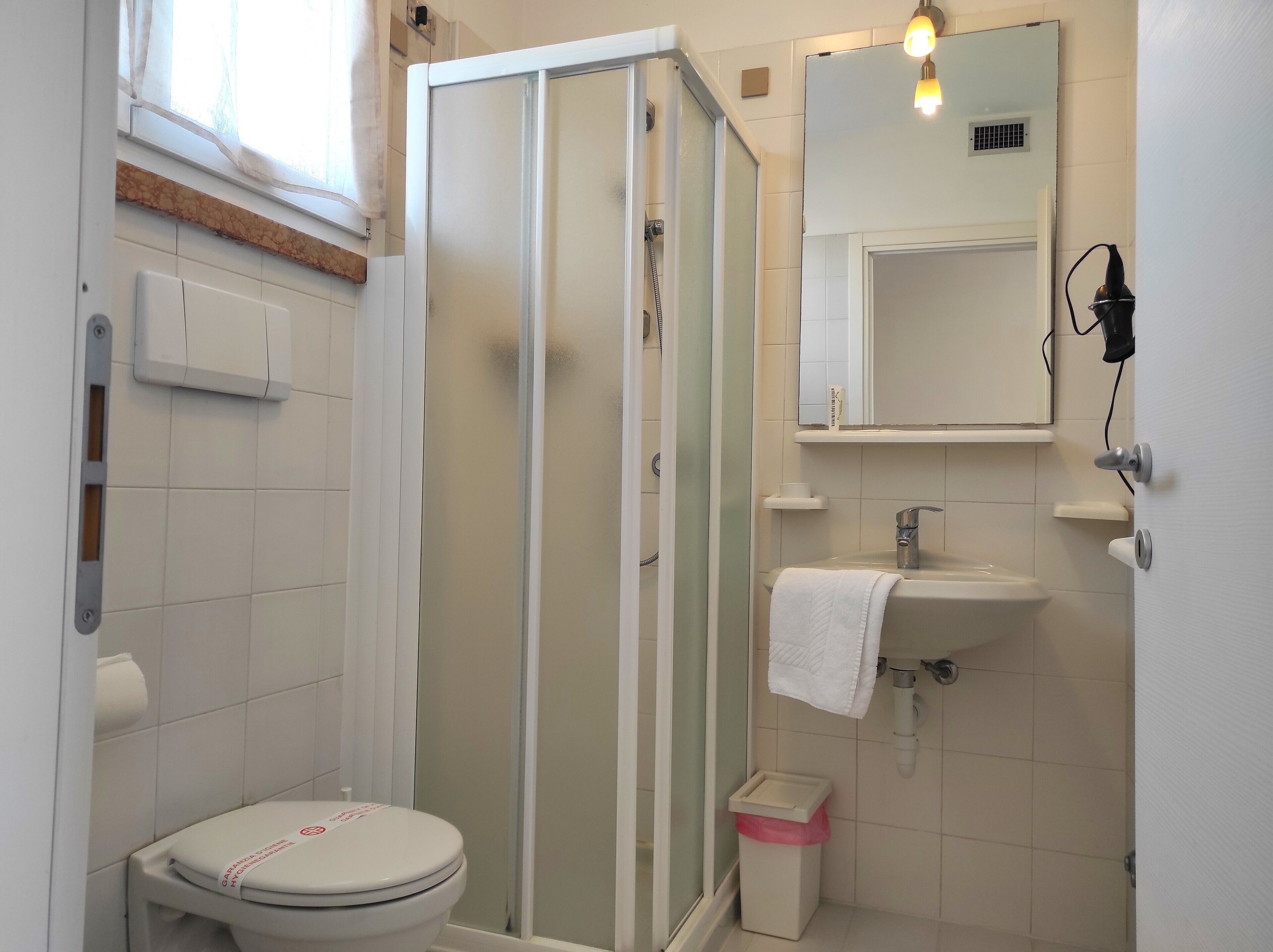 Une salle de bain comprenant des toilettes, un espace douche, un lavabo et un miroir.
