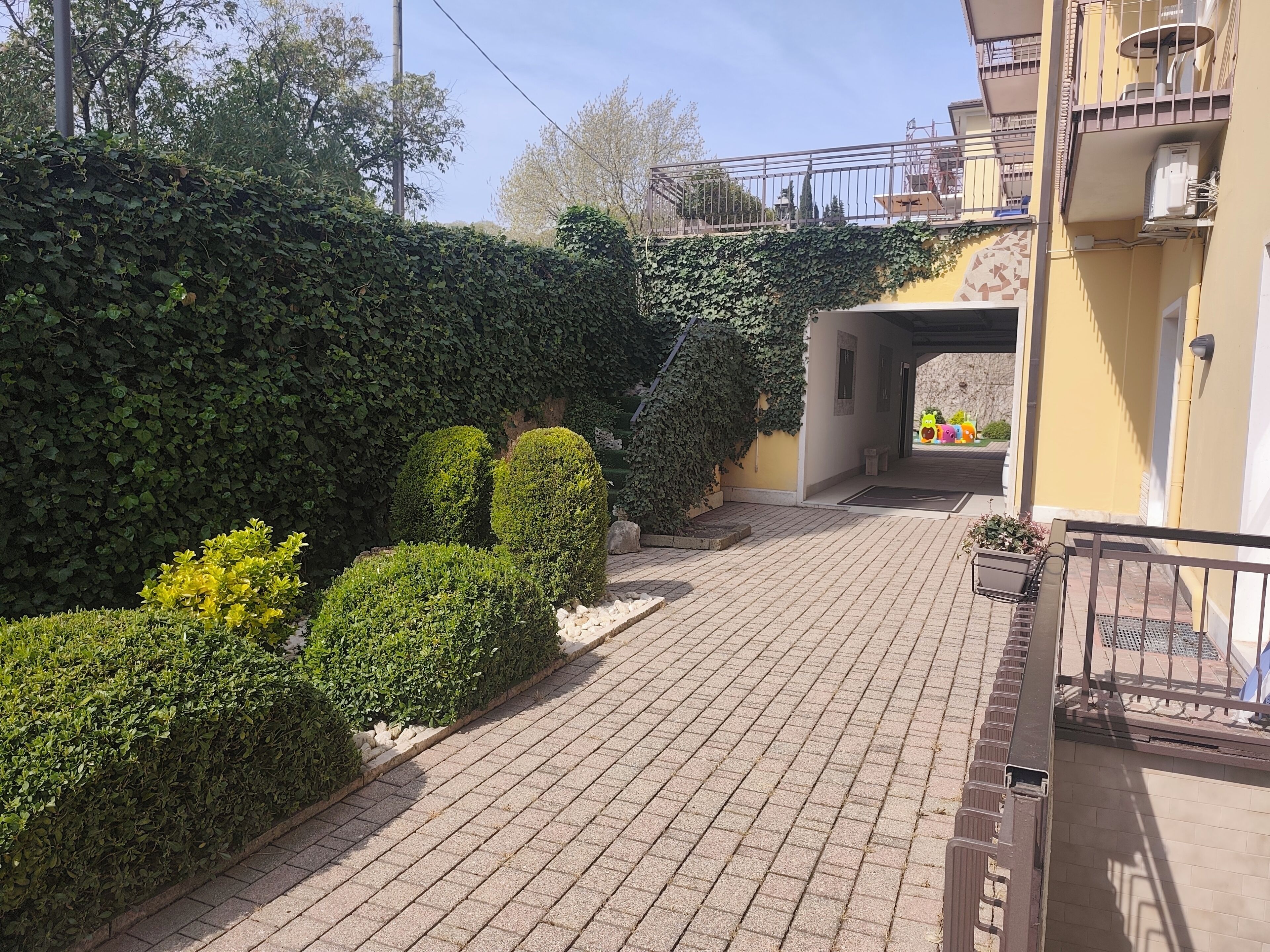 A paved pathway leading to a building entrance, surrounded by neatly trimmed hedges and a wall covered in ivy.