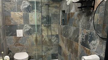 A modern bathroom with a glass-enclosed shower, a toilet, and a sink.