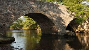 A stone bridge with two arches over a calm river, surrounded by trees. - Anchor Inn (Dulverton)
