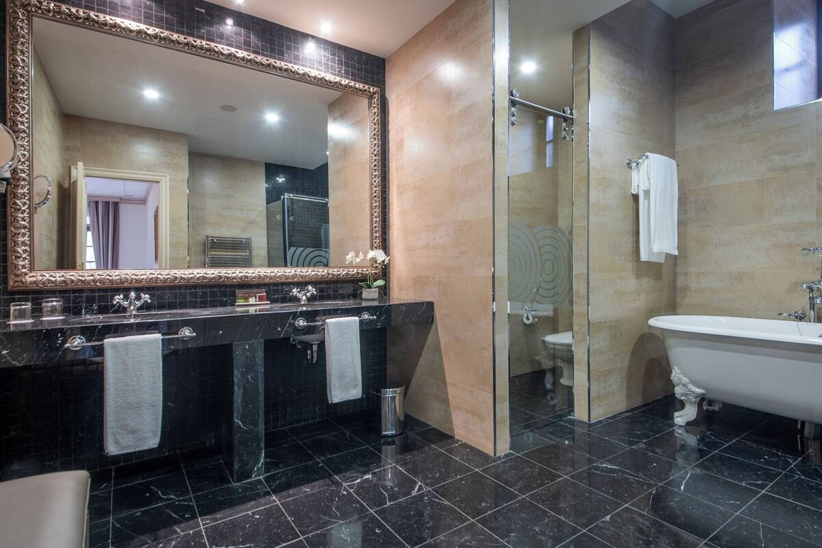 separate bathtub and shower, free toiletries, hair dryer, bathrobes