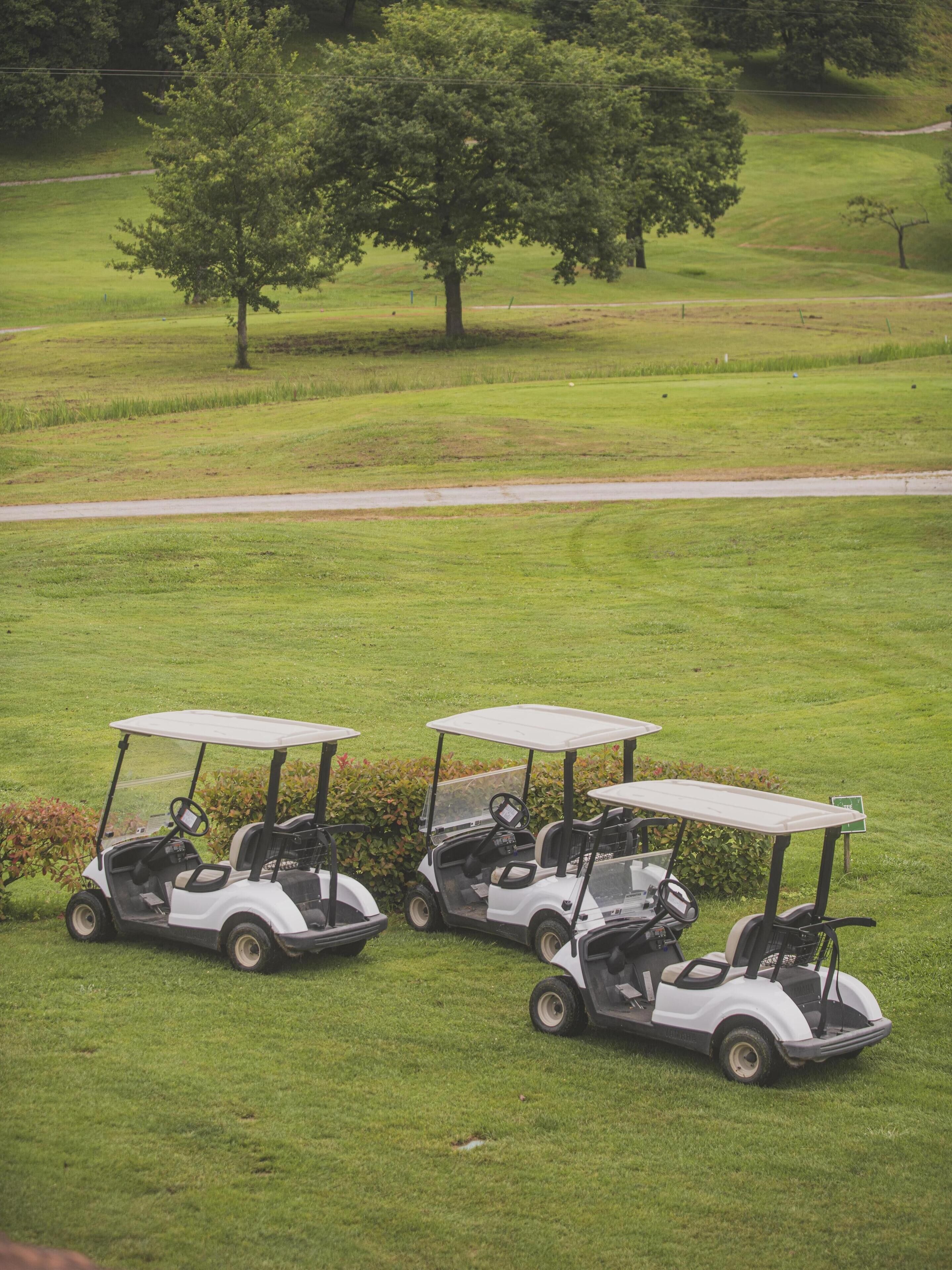 Tres carritos de golf estacionados en un campo cubierto de césped con árboles al fondo.