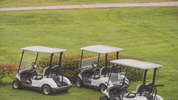 Tres carritos de golf estacionados en un campo cubierto de césped con árboles al fondo.